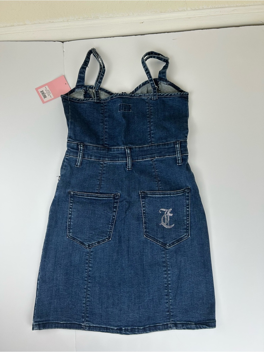 Juicy Couture Denim Dress S Blue Sweetheart Zip Front Bodycon Rhinestone NEW - Picture 7 of 9